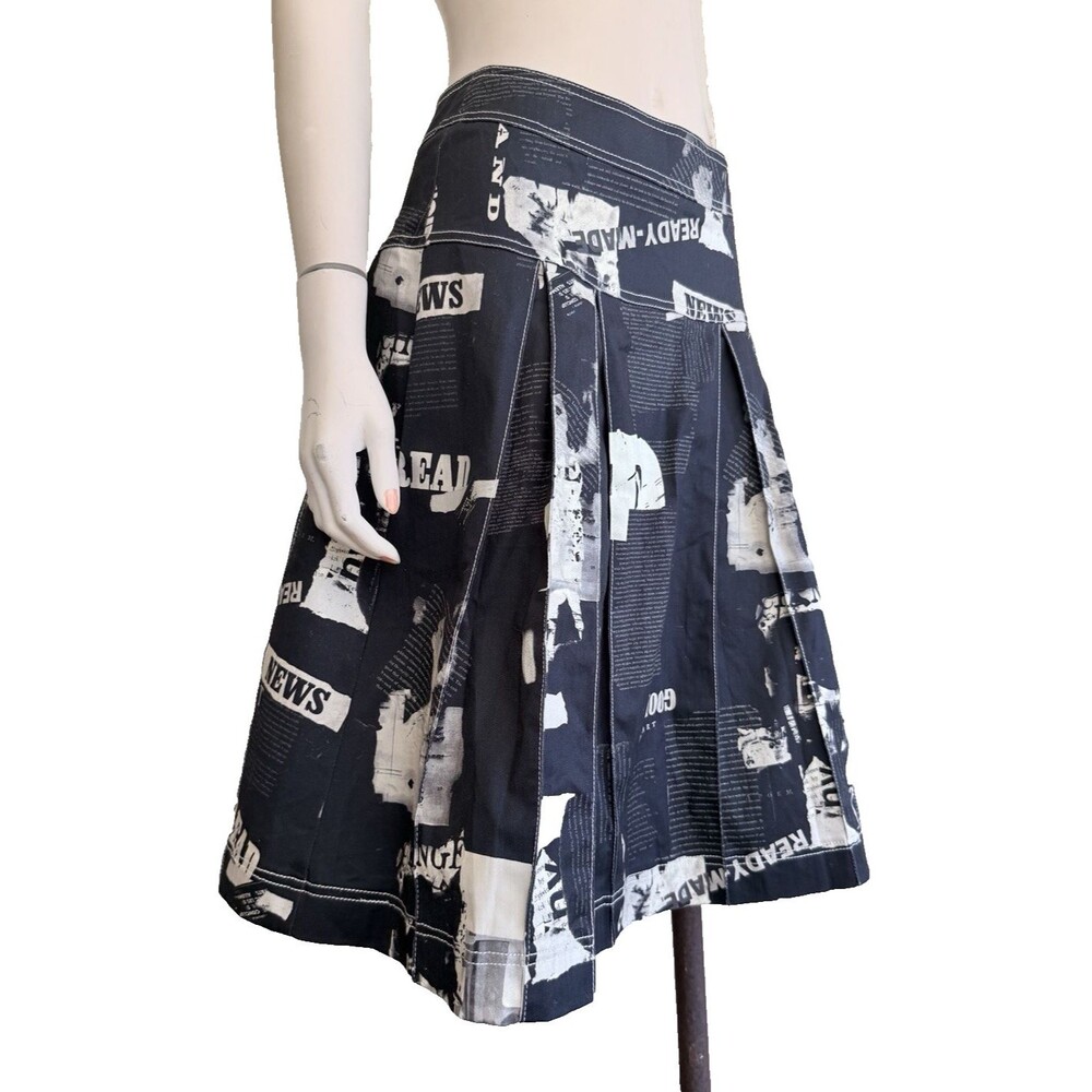 DESIGUAL Skirt Black White News Print Pleated A-Line Art to Wear Lagenlook Sz M